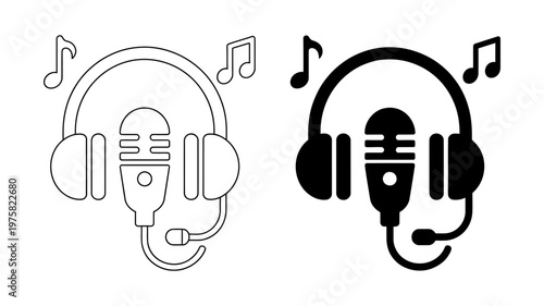 Icons depicting headphones with a flexible microphone and musical notes, symbolizing clear audio communication.
