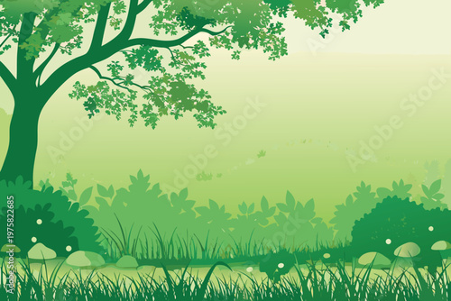 Lush green forest scene with trees mushrooms and vibrant foliage