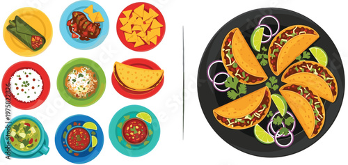 Mexican food vector illustration set with tacos nachos dips and traditional dishes in colorful top view composition
