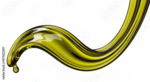 Golden olive oil splash in glossy motion, flowing ribbon effect on a clean white backdrop.