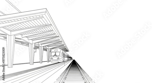 Subway station train perspective line art illustration transportation concept