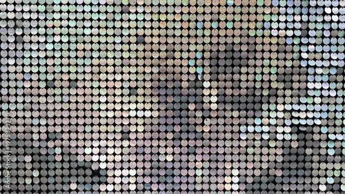 Abstract pattern of small colored circles arranged in a grid on a light background, creating a pixelated effect.