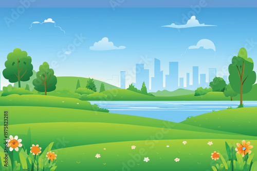 A vibrant cartoon landscape featuring a city skyline and lush greenery
