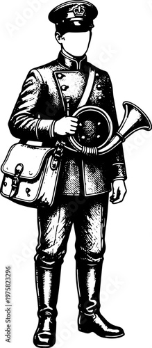 Vintage Black and White Line Art Illustration of Postman in Uniform Holding Bugle Horn with Mail Bag - Retro Stock Vector for Postal and Espionage Themes