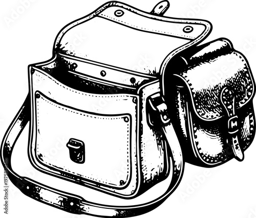Vintage Black and White Line Art Illustration of Classic Leather Postman Satchel Bag with Shoulder Strap - Retro Stock Vector for Postal and Espionage Themes