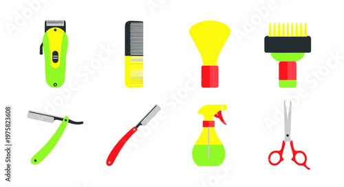 Barber Tool Set Flat Icons: Clippers, Comb, Brushes, Razor, Sprayer, Scissors