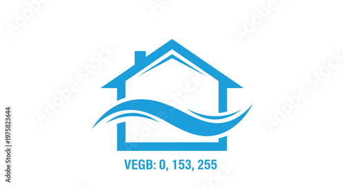 Blue House Icon with Water Wave Symbol, Real Estate, Home Services, Eco-friendly