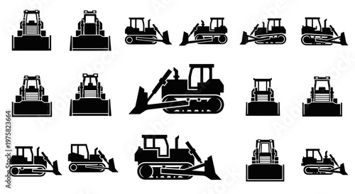 Bulldozer Icons Set: Construction Machinery Vector Graphics