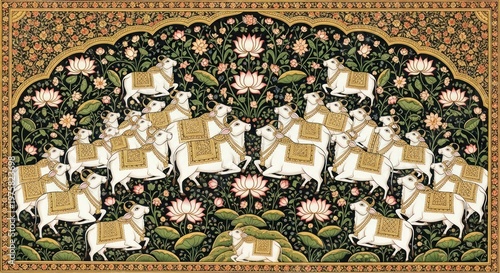Mughal Miniature Painting Depicting Krishna and Gopis with Cows.