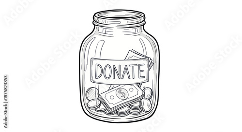 Hand-drawn illustration of a donation jar filled with coins and bills, labeled "Donate"