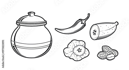 Hand-drawn Ingredients: Pot, Chili, Banana, Peanut, and Leaf - Vector Illustration