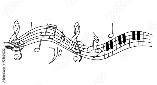 Musical Notes and Piano Keys on a Wavy Staff - Black and White Illustration