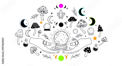 Mystical Fortune Telling Crystal Ball with Hands, Mushrooms, Moons, and Crystals