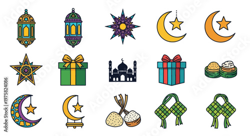 Ramadan Kareem Icons: Lanterns, Crescent Moon, Star, Gifts, Mosque, Ketupat