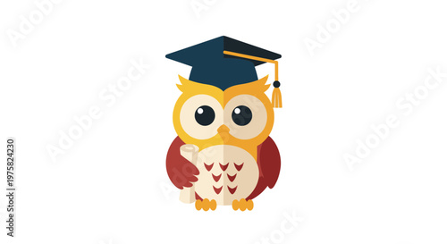 Wise Owl Graduation Cap Holding Diploma Scroll Cartoon Illustration