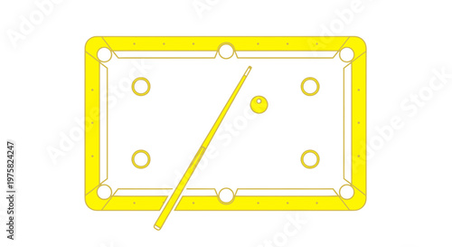 Yellow outline billiard table with cue stick and ball on white background