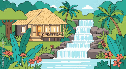 Traditional tropical hut with thatched roof and wooden structure