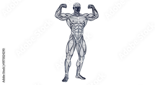 Anatomical Illustration of Muscular Male Bodybuilder Posing, White Background