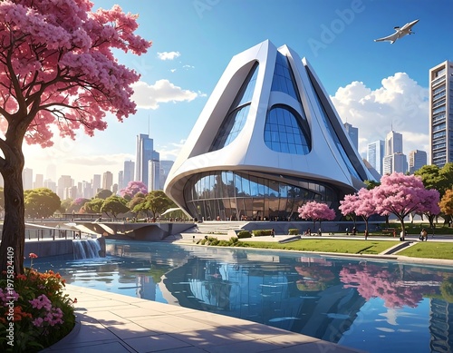 Modern architectural marvel with a futuristic design, featuring curved lines and glass windows set against a cityscape backdrop