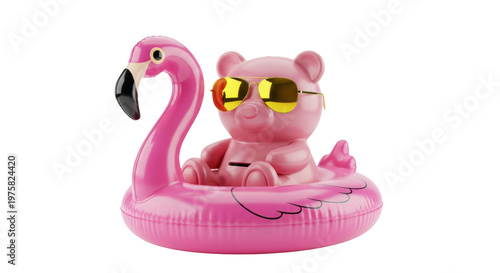 Highly detailed pink ceramic teddy bear piggy bank wearing yellow aviator sunglasses, resting on a pink flamingo pool float against a white studio background, 3d render. Saving for summer vacation