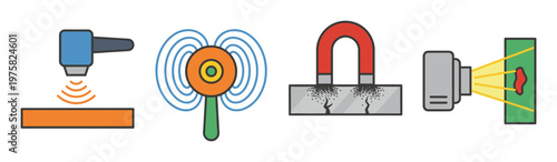 A vector icon set of non-destructive testing methods for engineering quality control. Shows ultrasonic, magnetic, eddy current, and radiographic inspection techniques.