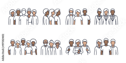 Vector icon set of diverse people groups. Multi-ethnic characters of different ages, students and professionals. For concepts like community, society and teamwork.