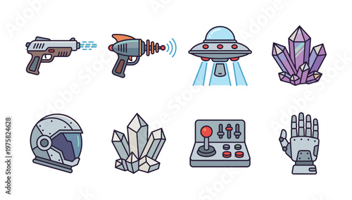 A collection of retro science fiction vector icons. Includes a UFO, ray gun, robot hand, and astronaut helmet for gaming, websites, or app design.