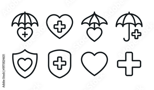 Simple line icon set for health insurance and medical care. Features heart, cross, shield, and umbrella symbols. Perfect for web, UI, and infographic design.