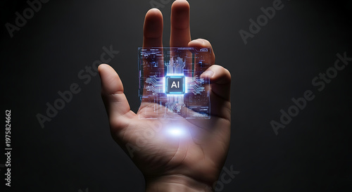 Artificial intelligence chip in palm of hand, futuristic concept of technology and innovation, ai powering future business and finance growth