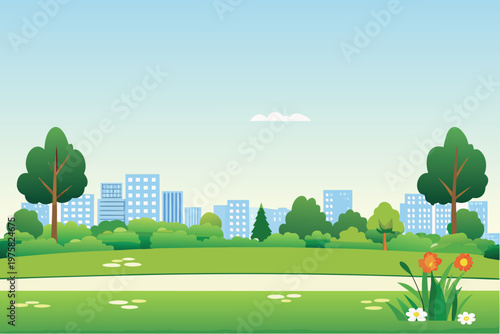 A bright cityscape with a lush green park in foreground