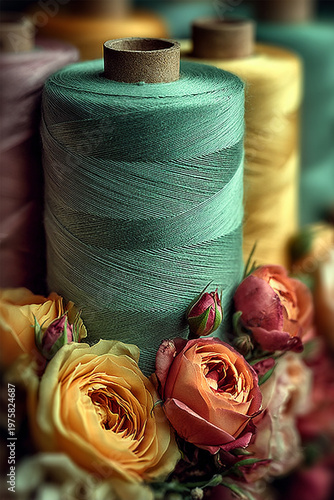 Spool of teal thread with blooming roses — elegant sewing and floral composition.