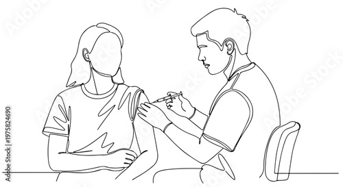 Doctor Giving Vaccine Injection to Patient Line Art Vector isolated PNG with Transparent Background
