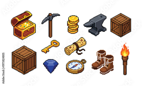 A pixel art icon set for RPG and adventure games. This collection of retro sprites includes a treasure chest, coins, and a map for fantasy game development.