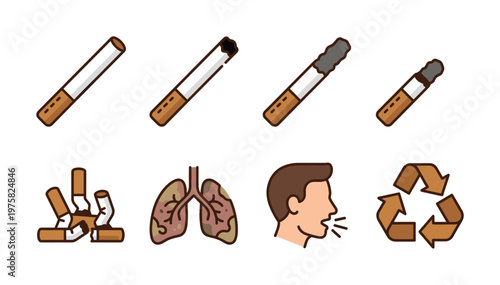 Vector icon set showing smoking harm. Includes cigarette lifecycle, diseased lungs, coughing man, and cigarette butts. For anti-smoking and health awareness campaigns.
