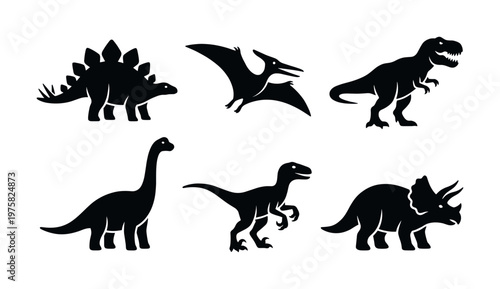 A collection of black dinosaur silhouettes. This vector set includes T-Rex, Triceratops, and more. Perfect for logos, icons, educational materials, and kids designs.