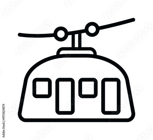 Minimalist black line icon of a cable car or gondola. Perfect for travel, tourism, ski resort, and mountain transportation themes. Simple vector design.
