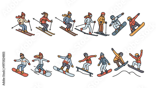 A vector set of cute cartoon characters skiing and snowboarding. This collection of active people illustrates fun winter sports for holiday and resort designs.