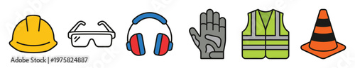 A vector icon set of personal protective equipment for construction and industrial work. Includes hard hat, goggles, earmuffs, glove, vest and cone for safety.