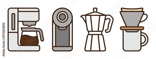 A collection of coffee maker icons, including drip, pod, moka pot, and pour-over methods. Minimalist vector illustration set for cafe menus or coffee branding.