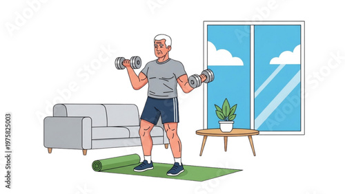 senior man exercising with dumbbells at home