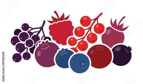 A vibrant illustration of assorted fresh summer berries like raspberry and blueberry. Perfect for juice packaging, healthy food blogs, and fresh market designs.