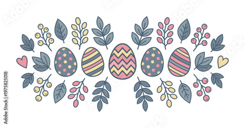 Hand-drawn Easter decoration with decorated eggs, leaves, and berries. Cute festive vector illustration for spring holiday greeting cards, banners, and invitations.