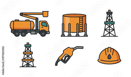 Oil industry vector icon set for gas and petroleum themes. Includes rig, tanker, fuel pump, and helmet. Perfect for web design, infographics, and energy concepts.