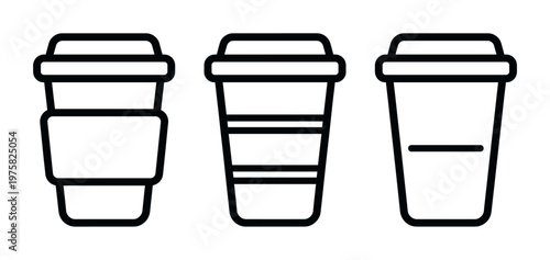 A set of three minimalist coffee cup line icons. Simple black and white vector graphic for takeaway beverage, cafe menu, or app interface design. Modern symbols.
