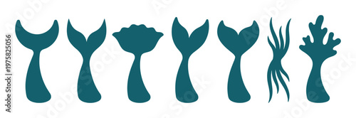 A collection of mermaid tail and seaweed silhouettes. This flat vector icon set is perfect for fantasy, nautical, or underwater-themed designs and logos.
