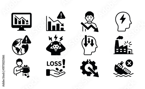 A set of black vector icons representing business crisis, financial loss, recession, failure, and stress. Useful for infographics, presentations, and web design.