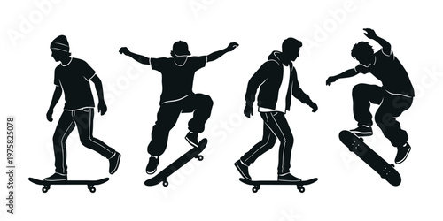 Set of four black silhouettes of a young skateboarder in various action poses. Vector graphic for urban sports, street style, or youth culture themes.