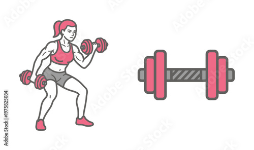 Vector icon set featuring a strong athletic woman lifting pink dumbbells and a separate dumbbell. Ideal for gym logos, fitness apps, and workout illustrations.