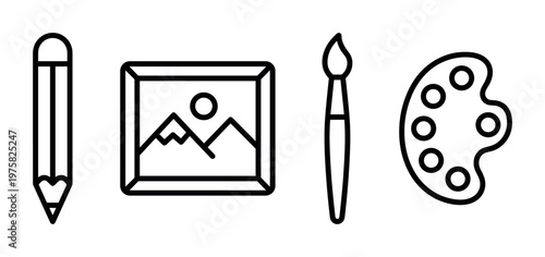 A set of simple black line icons representing art and creativity. Includes a pencil, picture, paintbrush, and palette. Perfect for creative apps, websites, and design projects.