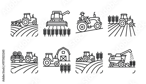 Set of agriculture and farming icons. Vector illustration of a tractor, harvester, and field. Minimal line art for the food industry and rural concepts.